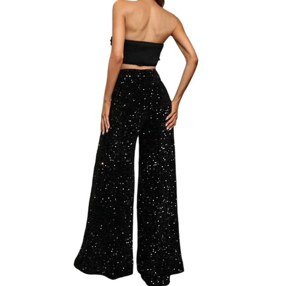 Faeriesty Fancy Black Sequin 2 Piece Set Tube Top 3D Flower Wide Leg Pants XL - Picture 3 of 16